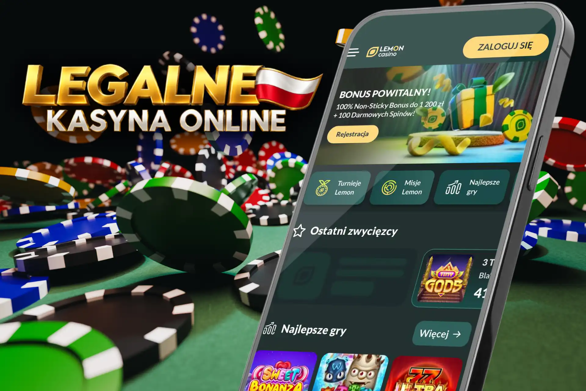 Bonus powitalny non-sticky w Lemon Casino, zaprezentowany na wyświetlaczu telefonu w otoczeniu kasynowych żetonów na zielonym stole.