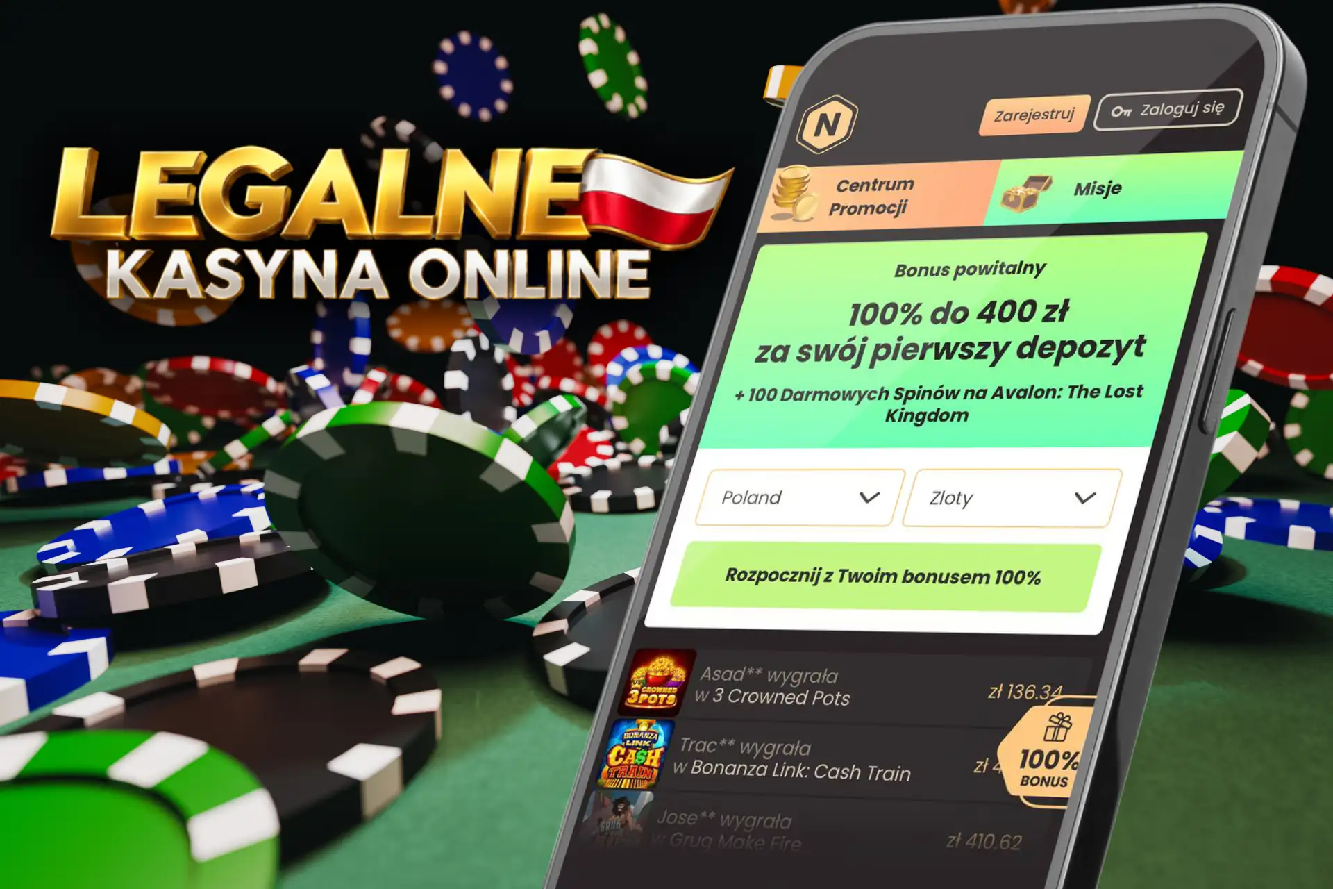 Bonus od pierwszego depozytu w National Casino, widoczny na ekranie smartfona ułożonego na zielonym stole z żetonami do gry.